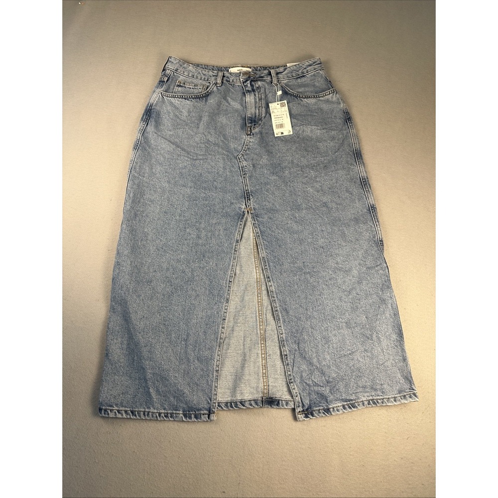 MNG Denim Midi Skirt Women XL Light Wash High Rise‎ Front Slit Jolie